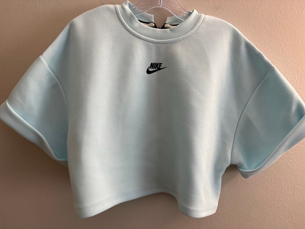 Nike Tech Fleece Short Sleeve Top Crewneck Full Back Zip Ice Blue Women's XS NWT